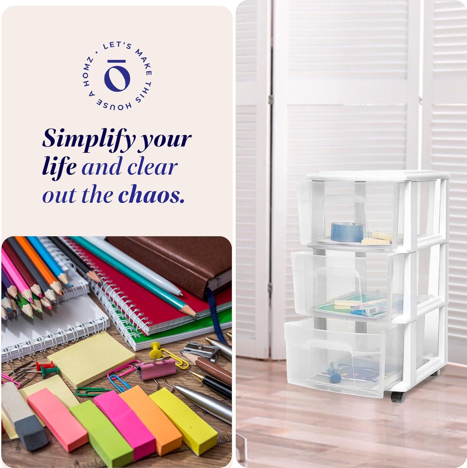 imageHOMZ Drawer Tower 3Tier Clear Plastic Storage Organizer Cart White Frame  HeavyDuty Organizing Drawers for Home Bedroom and Closet OrganizationWhite