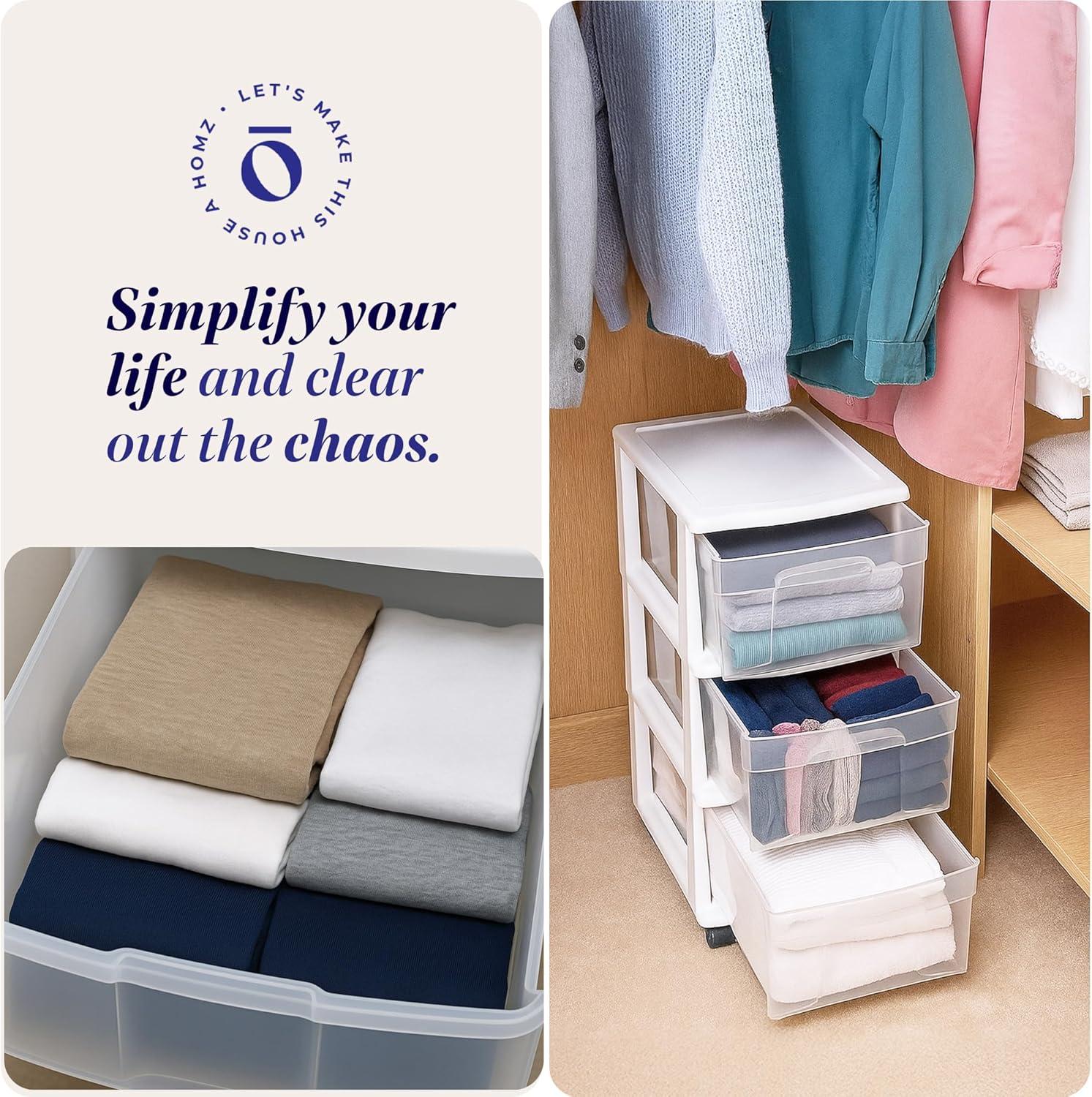 imageHOMZ Drawer Tower 3Tier Clear Plastic Storage Organizer Cart White Frame  HeavyDuty Organizing Drawers for Home Bedroom and Closet OrganizationWhite