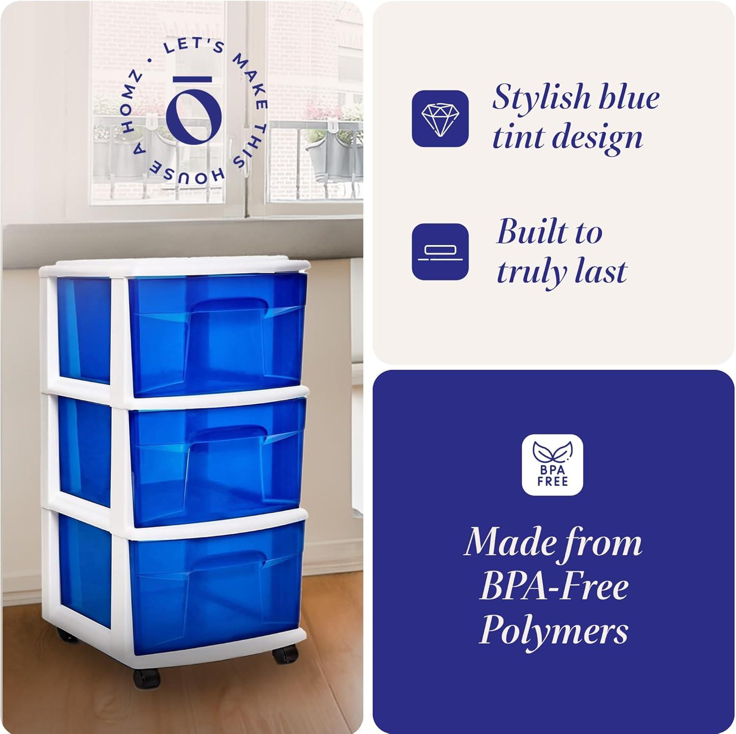imageHOMZ Drawer Tower 3Tier Clear Plastic Storage Organizer Cart White Frame  HeavyDuty Organizing Drawers for Home Bedroom and Closet OrganizationWhite FrameBlue Drawers