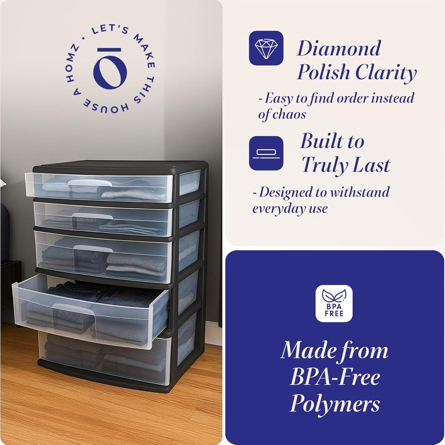 imageHOMZ Drawer Tower 3Tier Wide Clear Plastic Storage Organizer Cart Black Frame  Organizing Containers with Wheels for Home Bathroom Bedroom Office and ClassroomBlack Frame