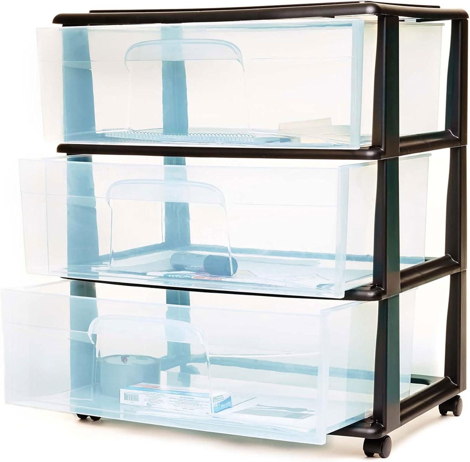 imageHOMZ Drawer Tower 3Tier Wide Clear Plastic Storage Organizer Cart Black Frame  Organizing Containers with Wheels for Home Bathroom Bedroom Office and ClassroomBlack Frame