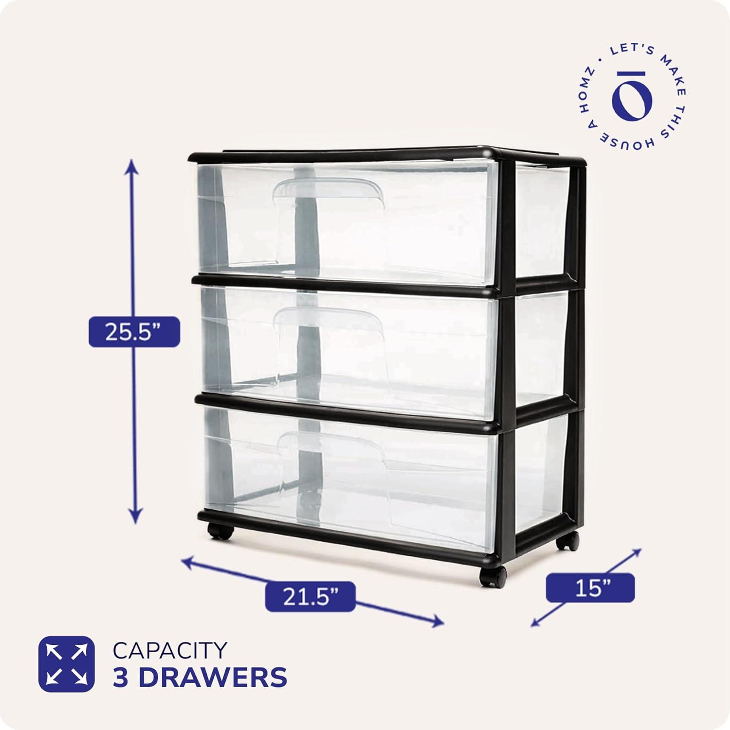 imageHOMZ Drawer Tower 3Tier Wide Clear Plastic Storage Organizer Cart Black Frame  Organizing Containers with Wheels for Home Bathroom Bedroom Office and ClassroomBlack Frame