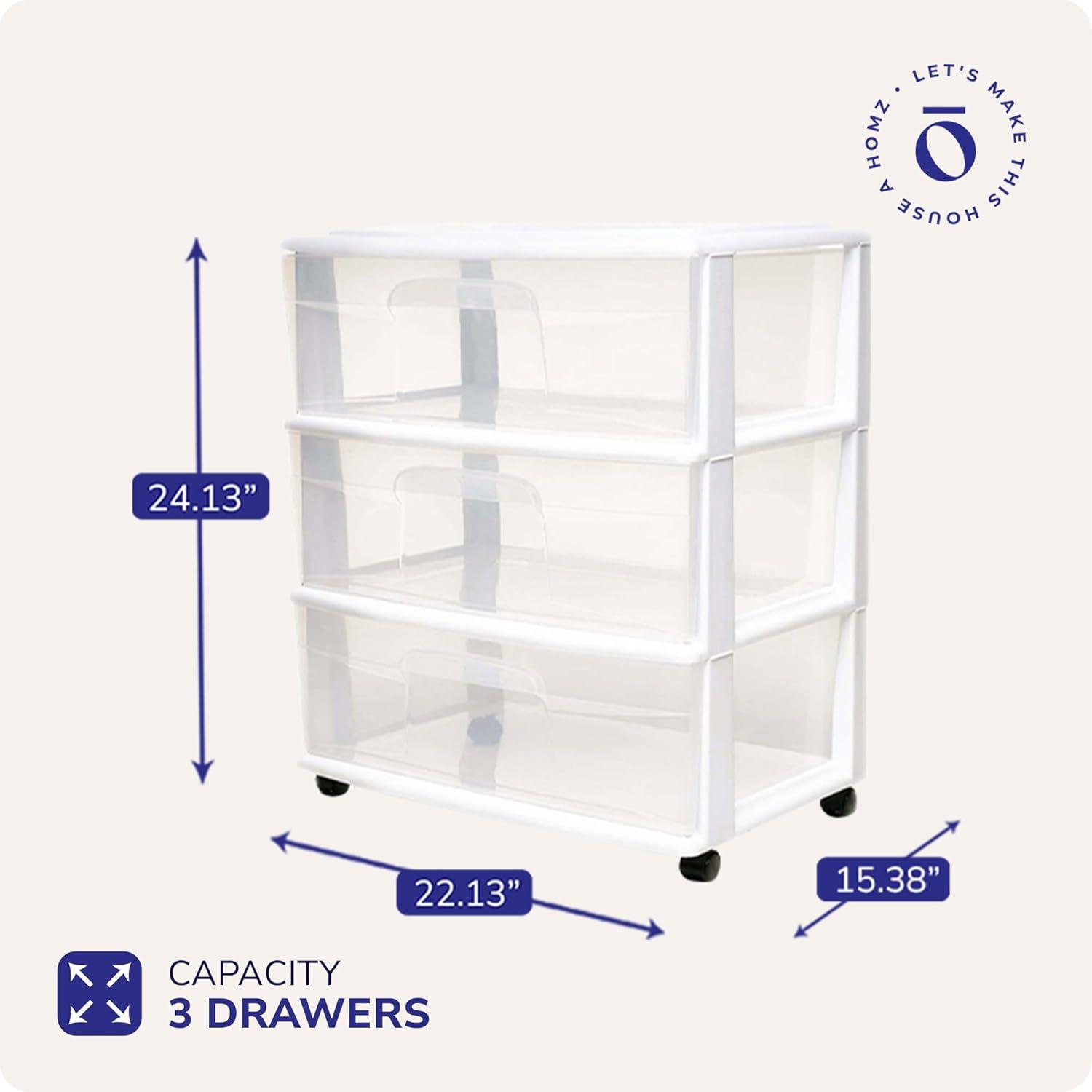imageHOMZ Drawer Tower 3Tier Wide Clear Plastic Storage Organizer Cart Black Frame  Organizing Containers with Wheels for Home Bathroom Bedroom Office and ClassroomWhite Frame
