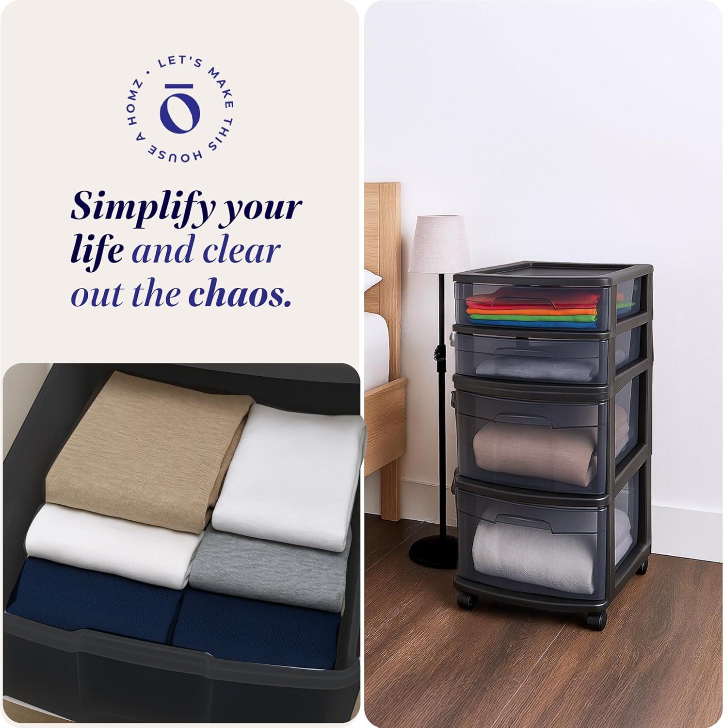 imageHOMZ Drawer Tower 4Tier Clear Plastic Storage Organizer Cart Black Frame  Rolling Drawer Containers with Wheels for Bathroom Bedroom Office and Classroom OrganizationAll Black
