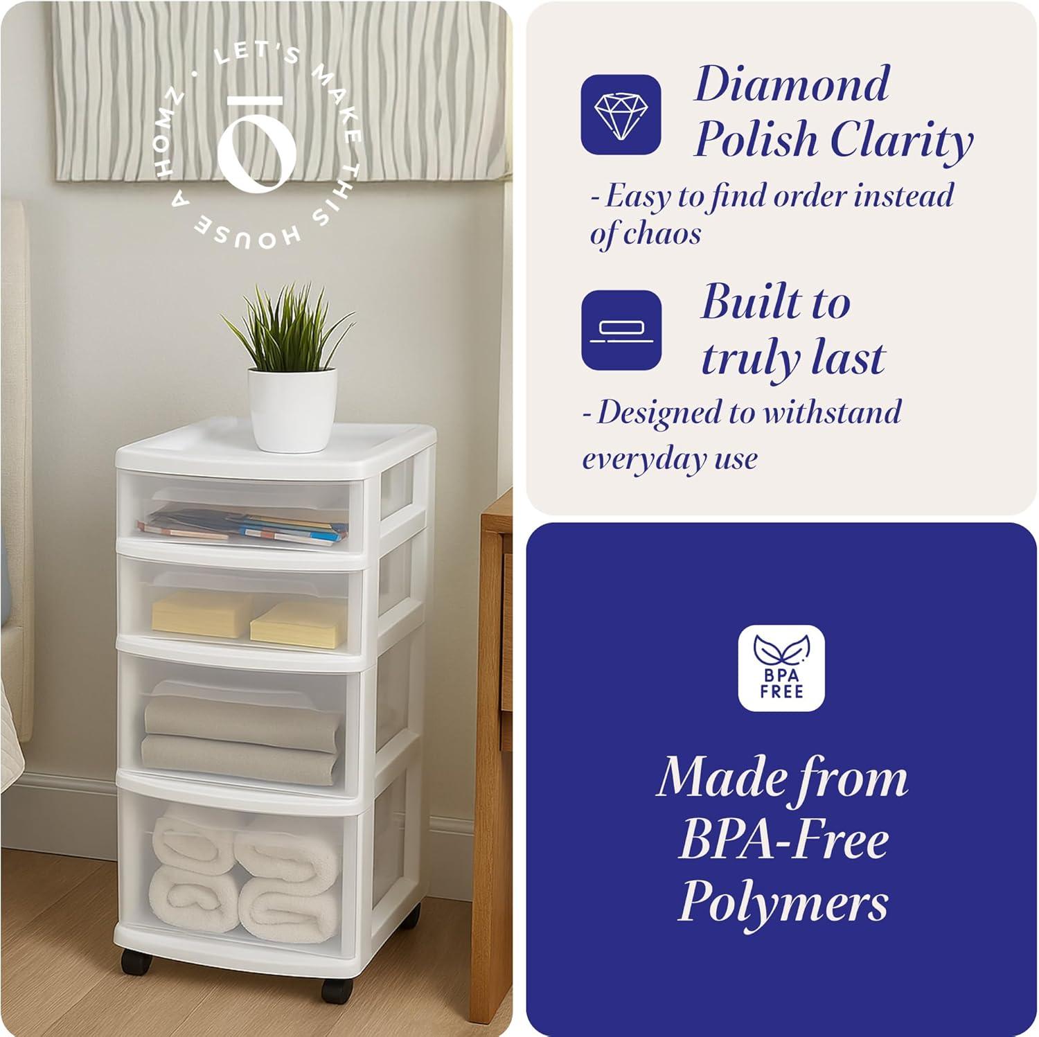 imageHOMZ Drawer Tower 4Tier Clear Plastic Storage Organizer Cart Black Frame  Rolling Drawer Containers with Wheels for Bathroom Bedroom Office and Classroom OrganizationWhite
