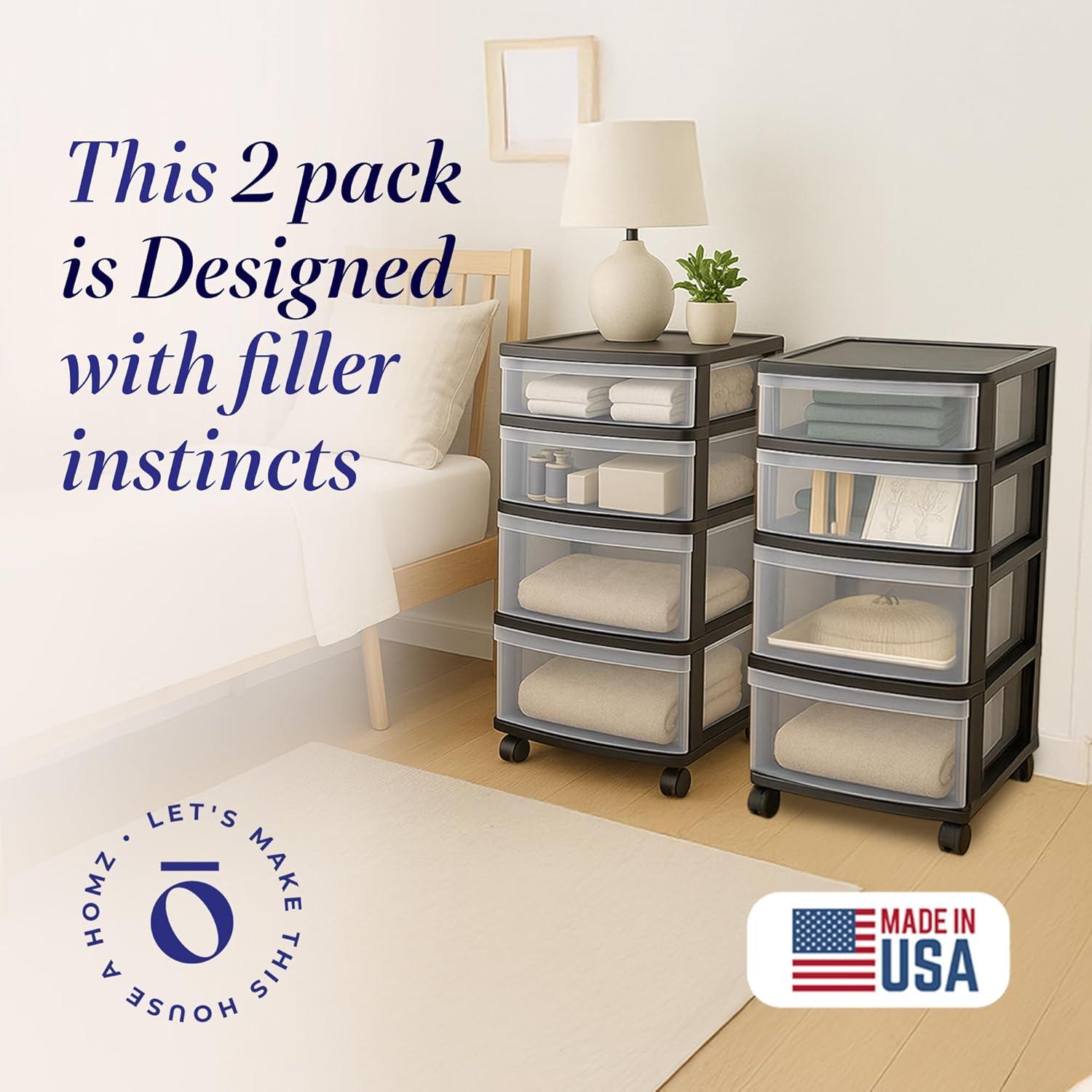 imageHOMZ Drawer Tower 4Tier Clear Plastic Storage Organizer Cart Black Frame  Rolling Drawer Containers with Wheels for Bathroom Bedroom Office and Classroom OrganizationClearBlack