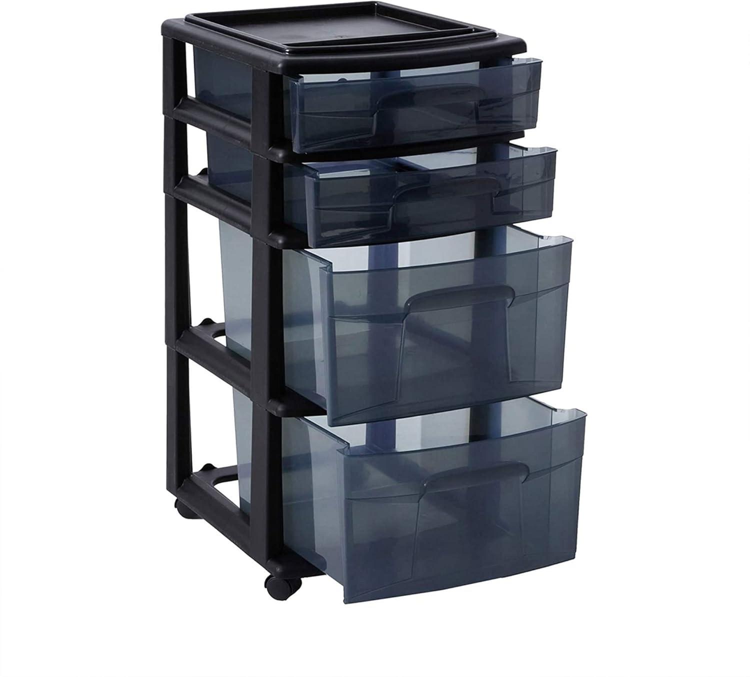 imageHOMZ Drawer Tower 4Tier Clear Plastic Storage Organizer Cart Black Frame  Rolling Drawer Containers with Wheels for Bathroom Bedroom Office and Classroom OrganizationBlack