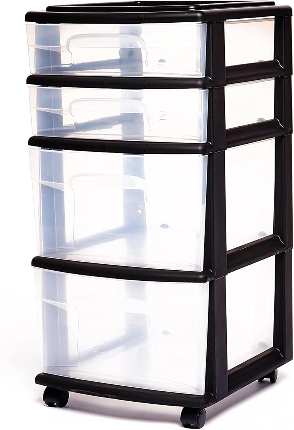 imageHOMZ Drawer Tower 4Tier Clear Plastic Storage Organizer Cart Black Frame  Rolling Drawer Containers with Wheels for Bathroom Bedroom Office and Classroom OrganizationClearBlack
