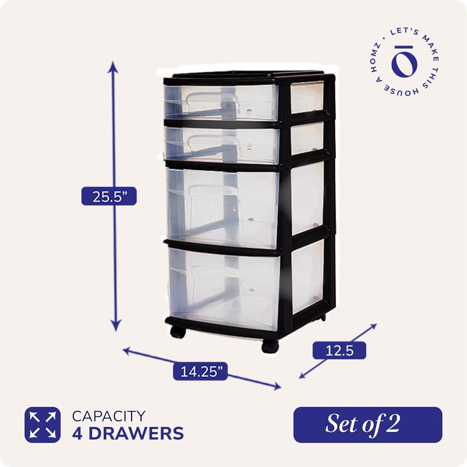 imageHOMZ Drawer Tower 4Tier Clear Plastic Storage Organizer Cart Black Frame  Rolling Drawer Containers with Wheels for Bathroom Bedroom Office and Classroom OrganizationClearBlack