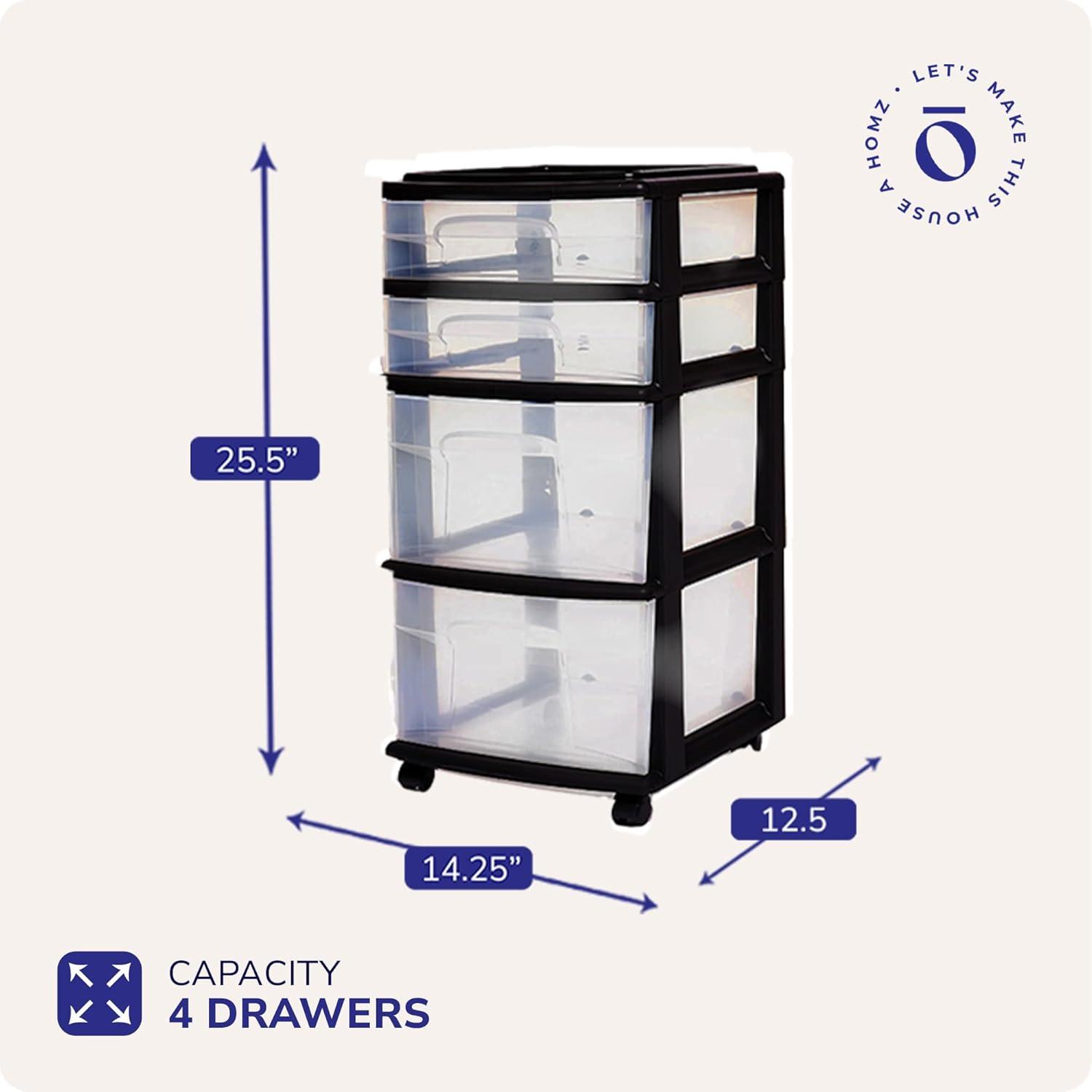 imageHOMZ Drawer Tower 4Tier Clear Plastic Storage Organizer Cart Black Frame  Rolling Drawer Containers with Wheels for Bathroom Bedroom Office and Classroom OrganizationClearBlack