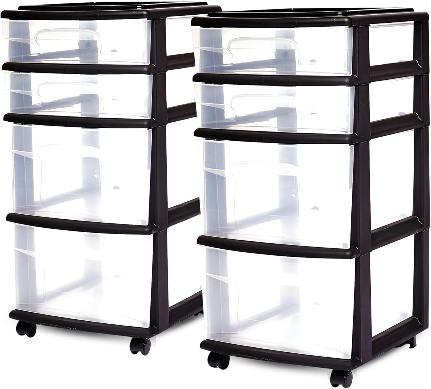 imageHOMZ Drawer Tower 4Tier Clear Plastic Storage Organizer Cart Black Frame  Rolling Drawer Containers with Wheels for Bathroom Bedroom Office and Classroom OrganizationClearBlack
