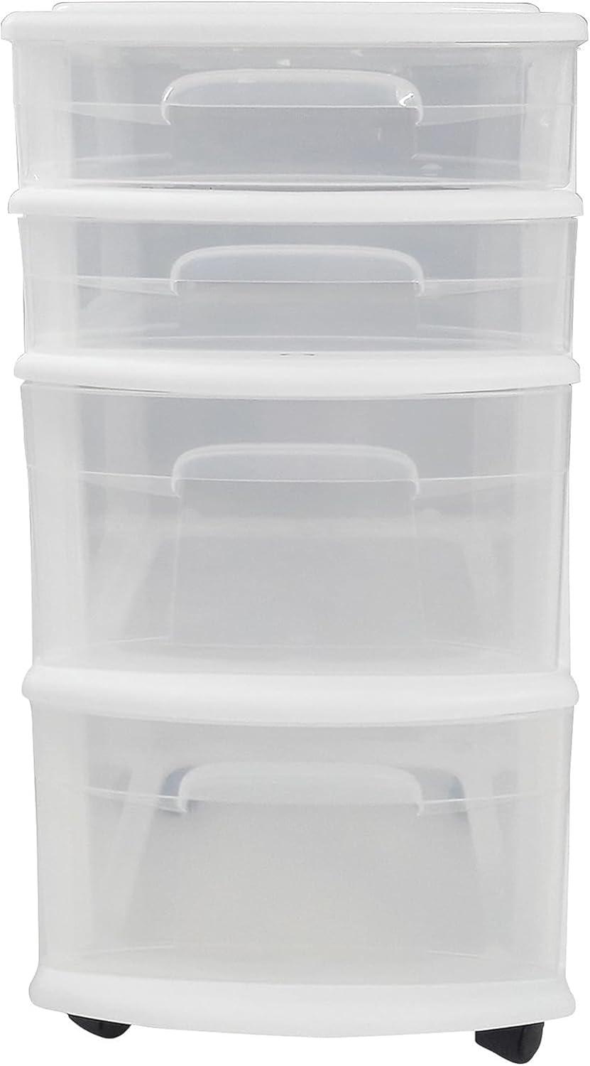 imageHOMZ Drawer Tower 4Tier Clear Plastic Storage Organizer Cart Black Frame  Rolling Drawer Containers with Wheels for Bathroom Bedroom Office and Classroom OrganizationWhite