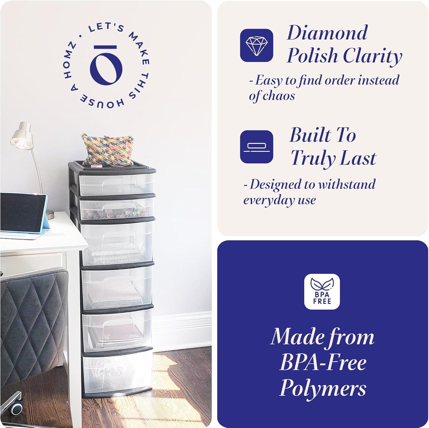 imageHOMZ Drawer Tower 6Tier Clear Plastic Storage Organizer Cart Black Frame  HeavyDuty Organizing Drawers for Home Bedroom and Closet OrganizationBlack