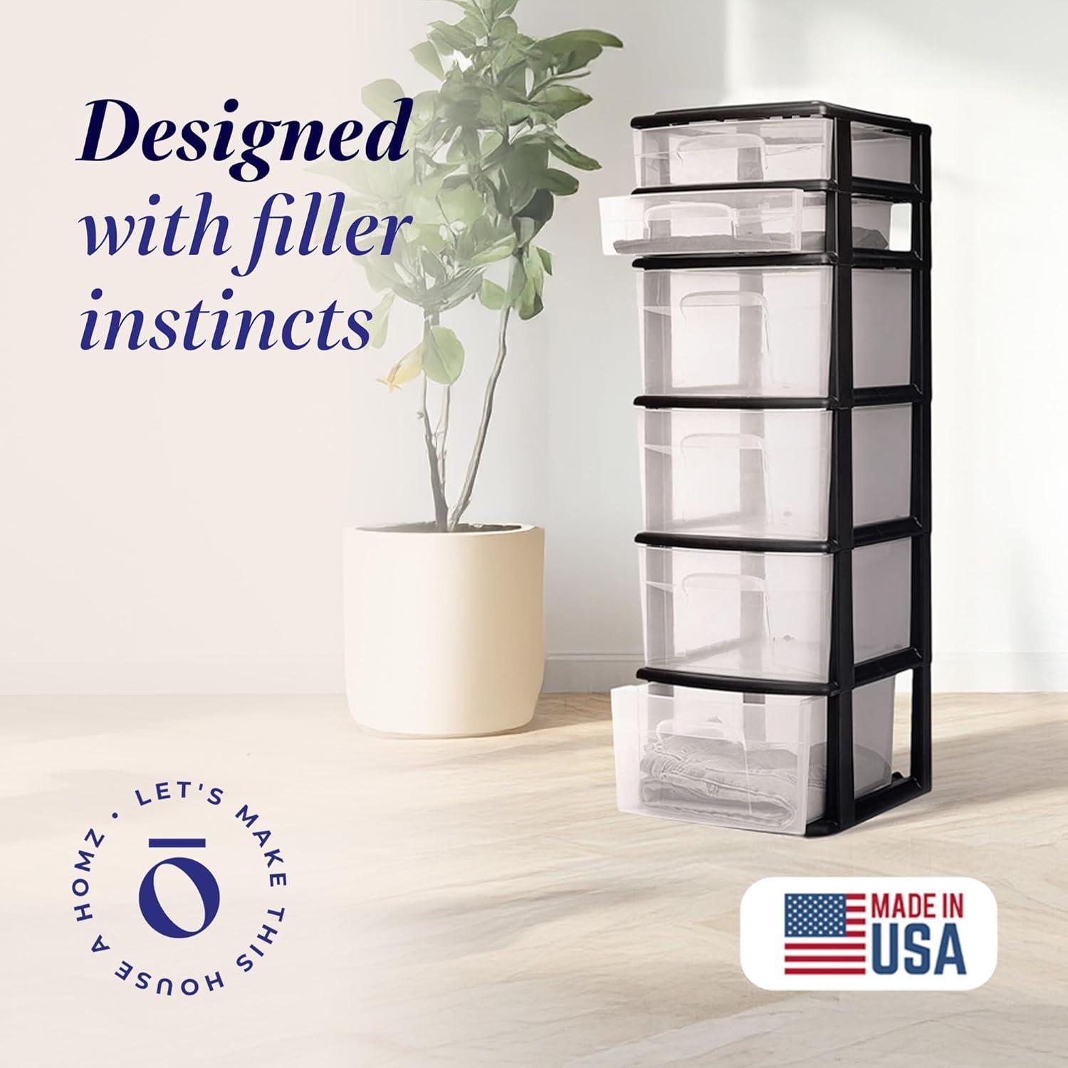 imageHOMZ Drawer Tower 6Tier Clear Plastic Storage Organizer Cart Black Frame  HeavyDuty Organizing Drawers for Home Bedroom and Closet OrganizationBlack