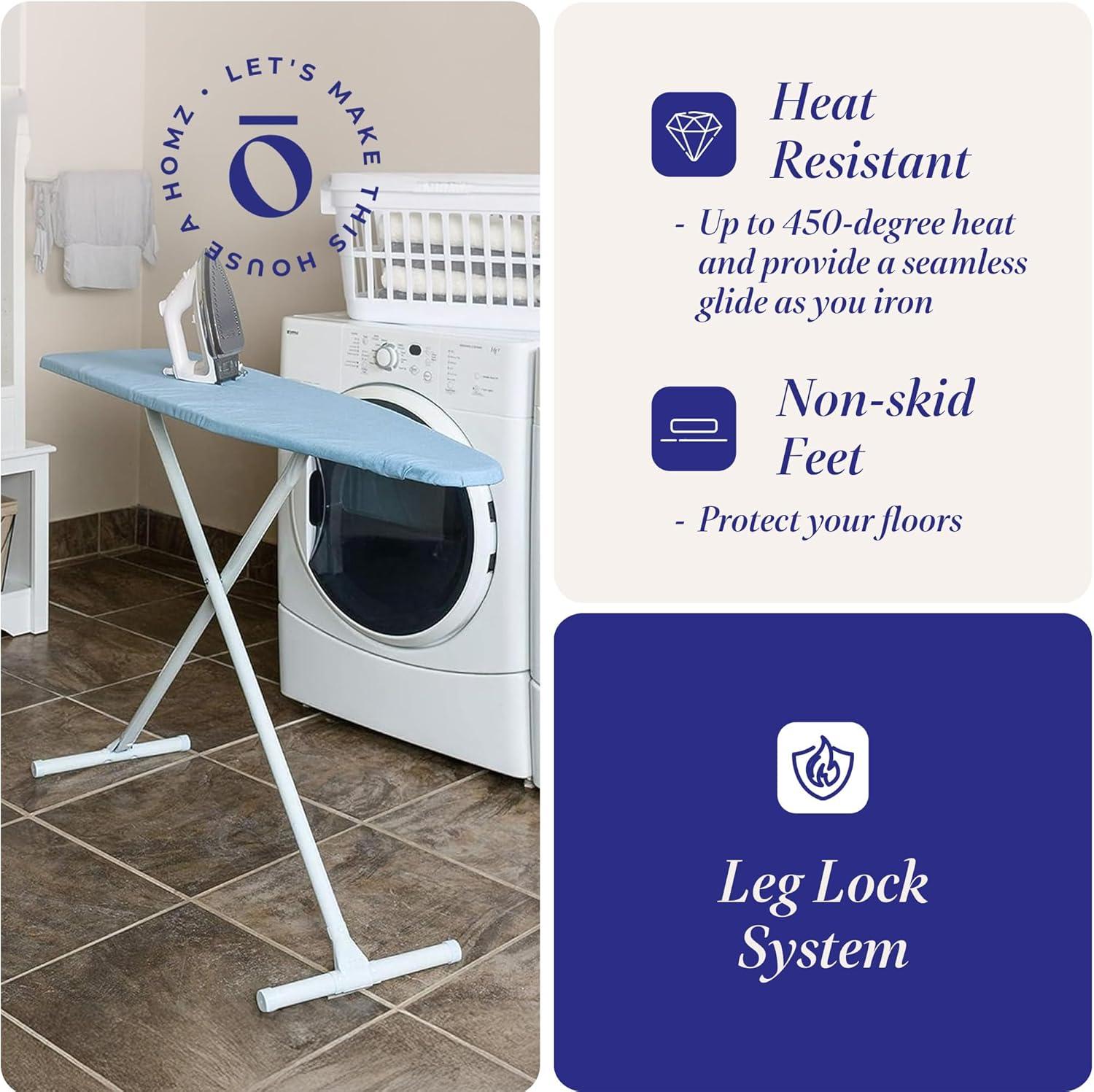 imageHomz TLeg Clothes Ironing Board Portable Compact Foldable Standard Size Adjustable Height with Foam Pad ampamp Cotton Cover Charcoal GrayBlue
