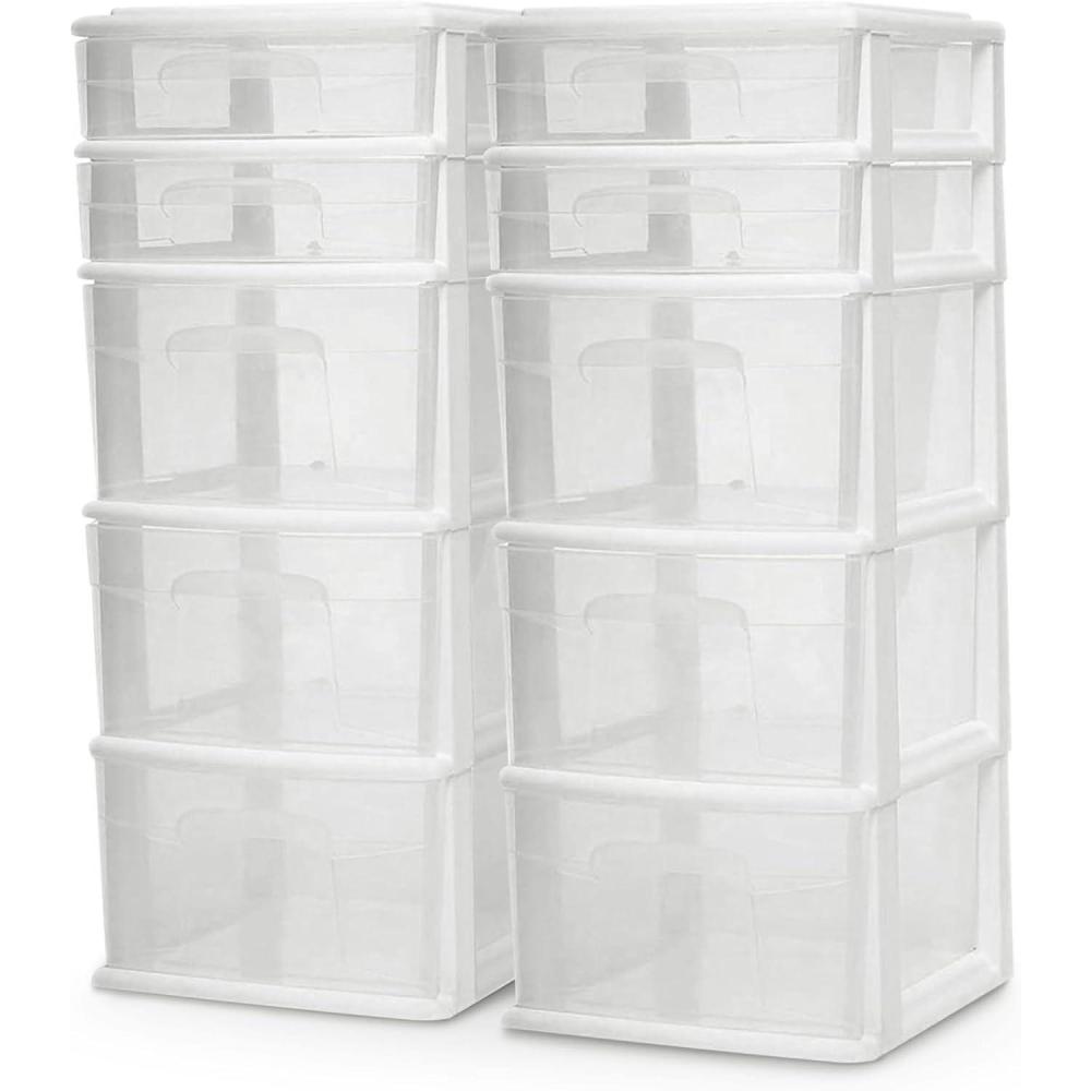imageHOMZ 2Pack Drawer Tower 5Tier Clear Plastic Storage Organizer Unit Black Frame  MultiPurpose Container Drawers for Bedroom Bathroom and Office OrganizationWhite