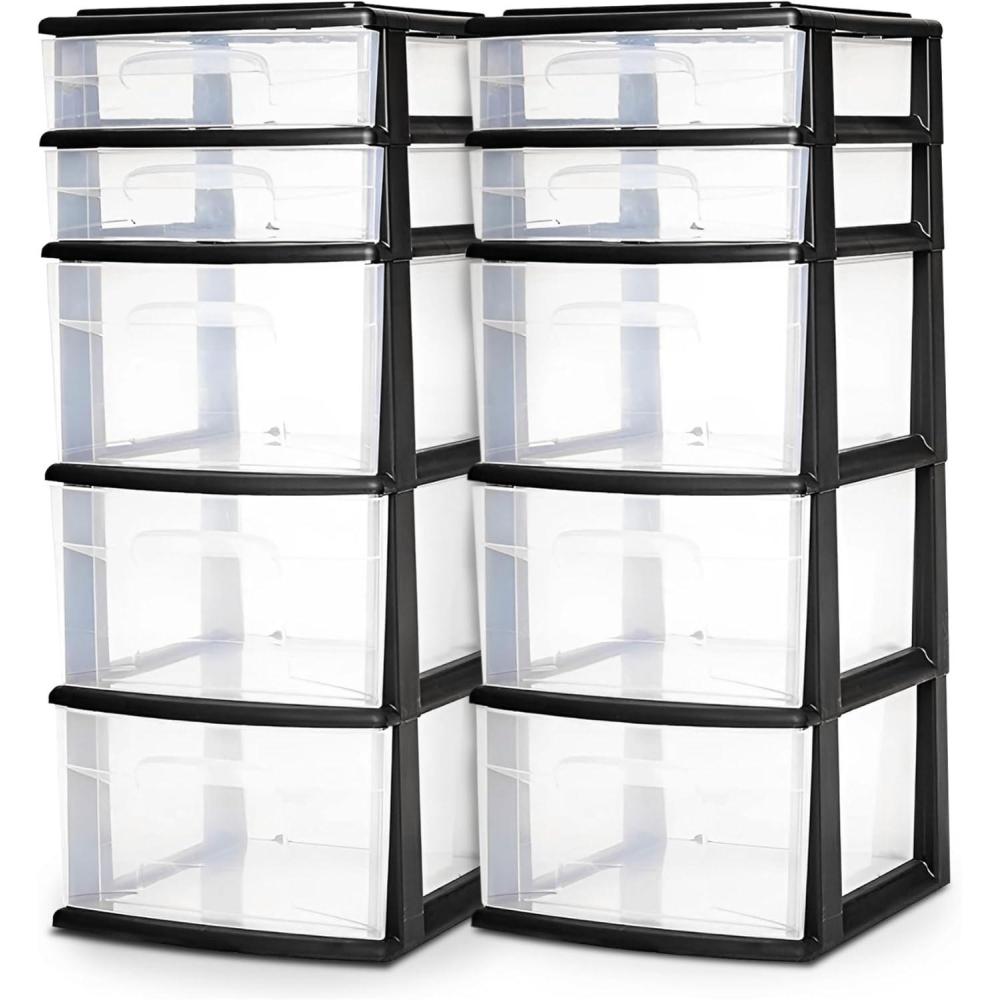 imageHOMZ 2Pack Drawer Tower 5Tier Clear Plastic Storage Organizer Unit Black Frame  MultiPurpose Container Drawers for Bedroom Bathroom and Office OrganizationBlack