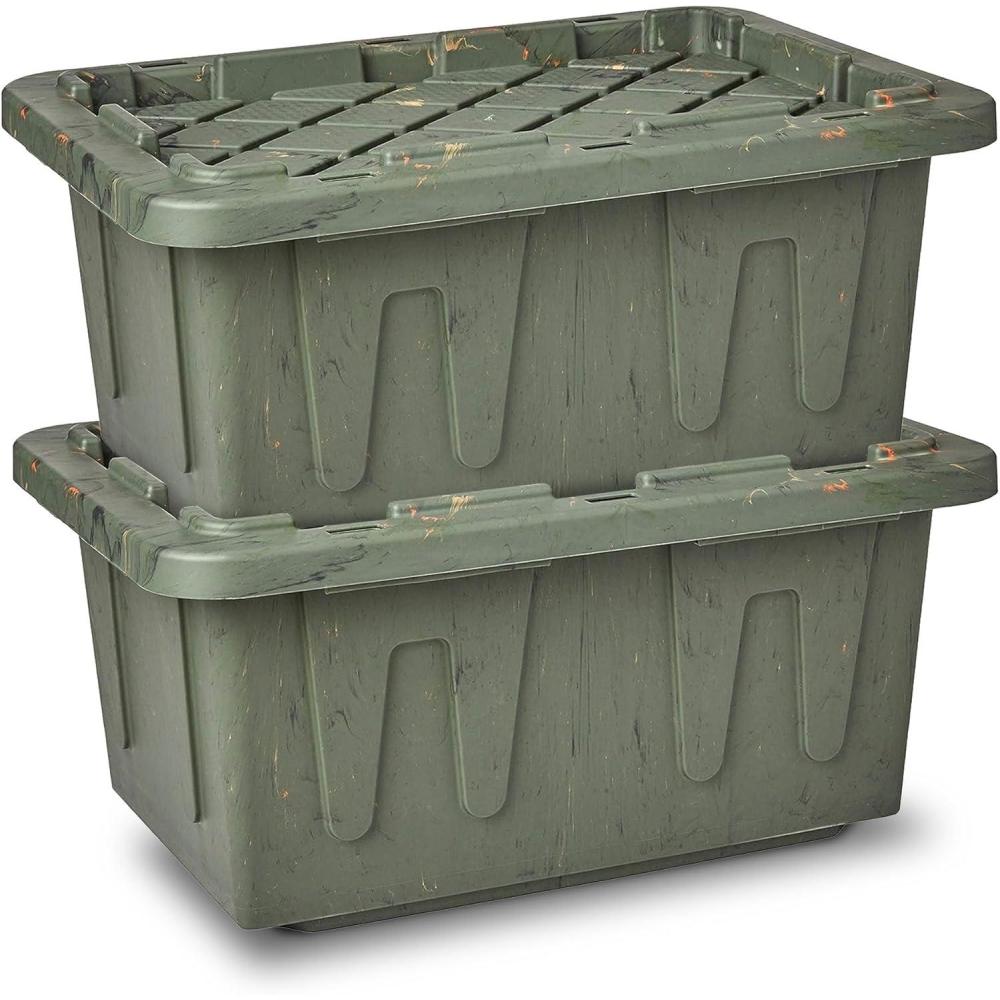 imageHOMZ 2Pack Durabilt Heavy Duty Plastic Storage Bins with Lids 27 Gallon GreenRed  Stackable Container Boxes for Holiday Attic and Garage OrganizationCamo Green