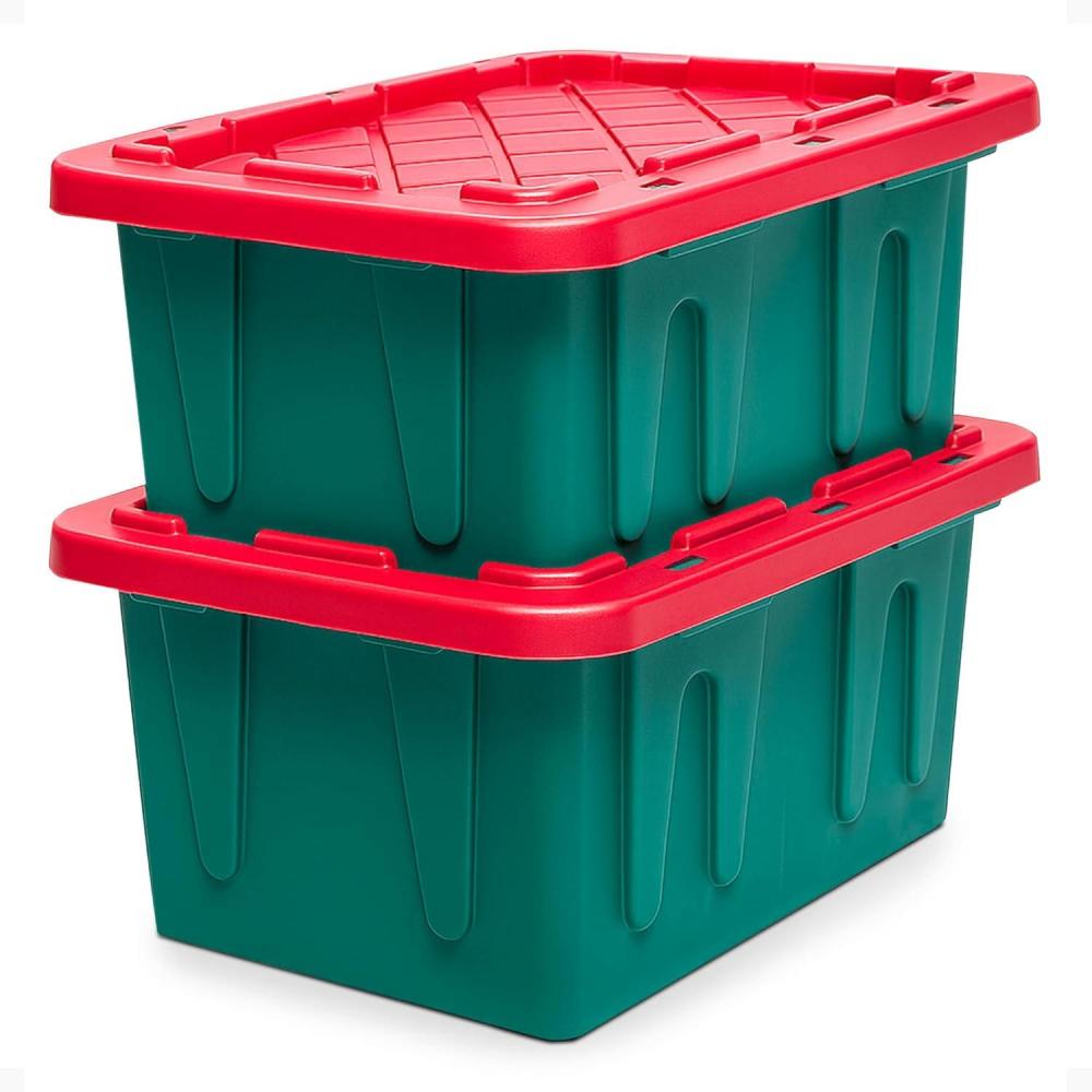 imageHOMZ 2Pack Durabilt Heavy Duty Plastic Storage Bins with Lids 27 Gallon GreenRed  Stackable Container Boxes for Holiday Attic and Garage OrganizationGreen BaseRed Lid