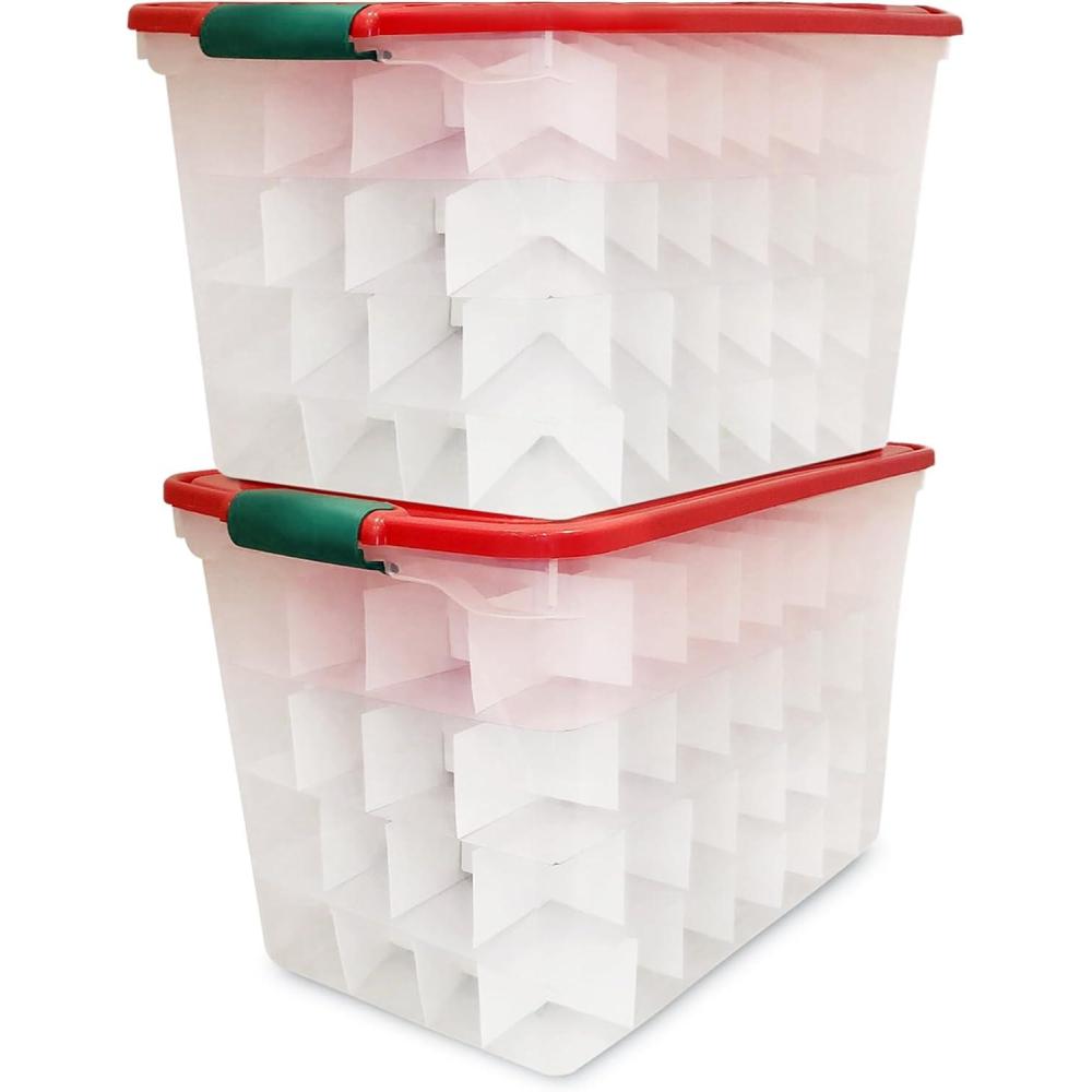 imageHOMZ 2Pack Holiday Tote Clear Plastic Storage Bins wLids ampamp Dividers 112 Quart Red  Stackable Organizing Containers for Christmas Ornament Decorations Gift Wraps and Crafts112 Quart