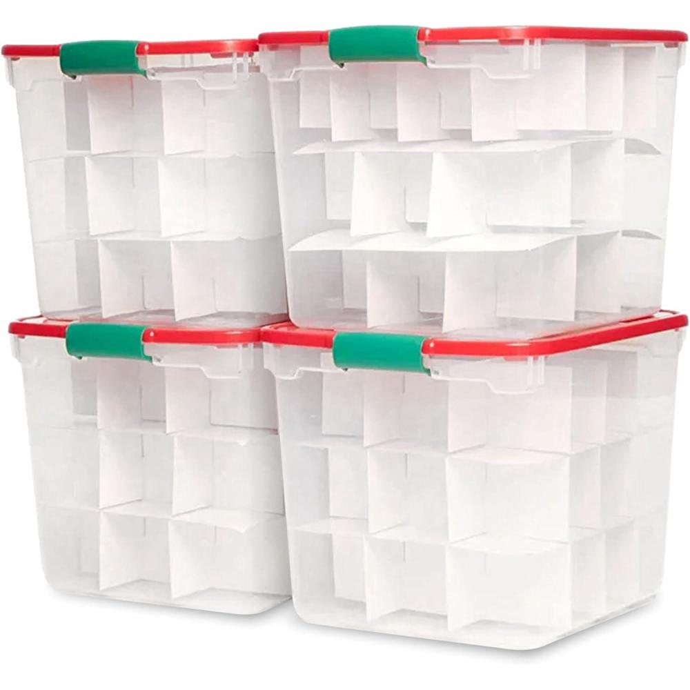 imageHOMZ 2Pack Holiday Tote Clear Plastic Storage Bins wLids ampamp Dividers 112 Quart Red  Stackable Organizing Containers for Christmas Ornament Decorations Gift Wraps and Crafts31 Quart Pack of 4