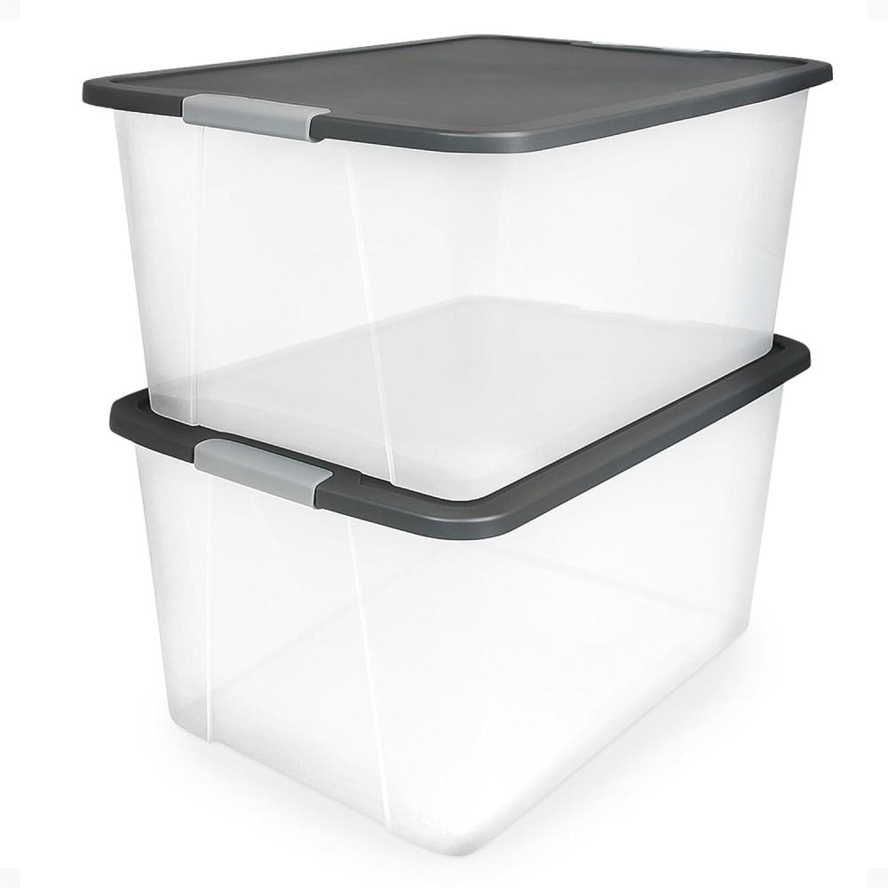imageHOMZ 2Pack Secure Latch Clear Plastic Storage Organizer Bins 64 Quart Gray Lid  HeavyDuty Container Boxes with Lids for Home Office and GarageGray Lid