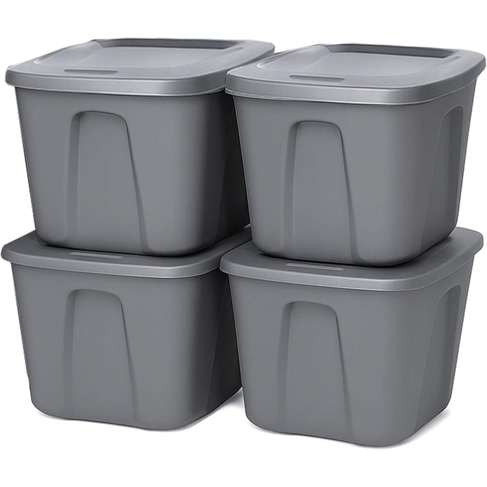 imageHOMZ 4Pack Durable Molded Bin Plastic Storage Containers wLids 10 Gallon Blue  Stackable Organizer Totes and Boxes for Bedroom Kitchen and Garage OrganizationTitanium Silver