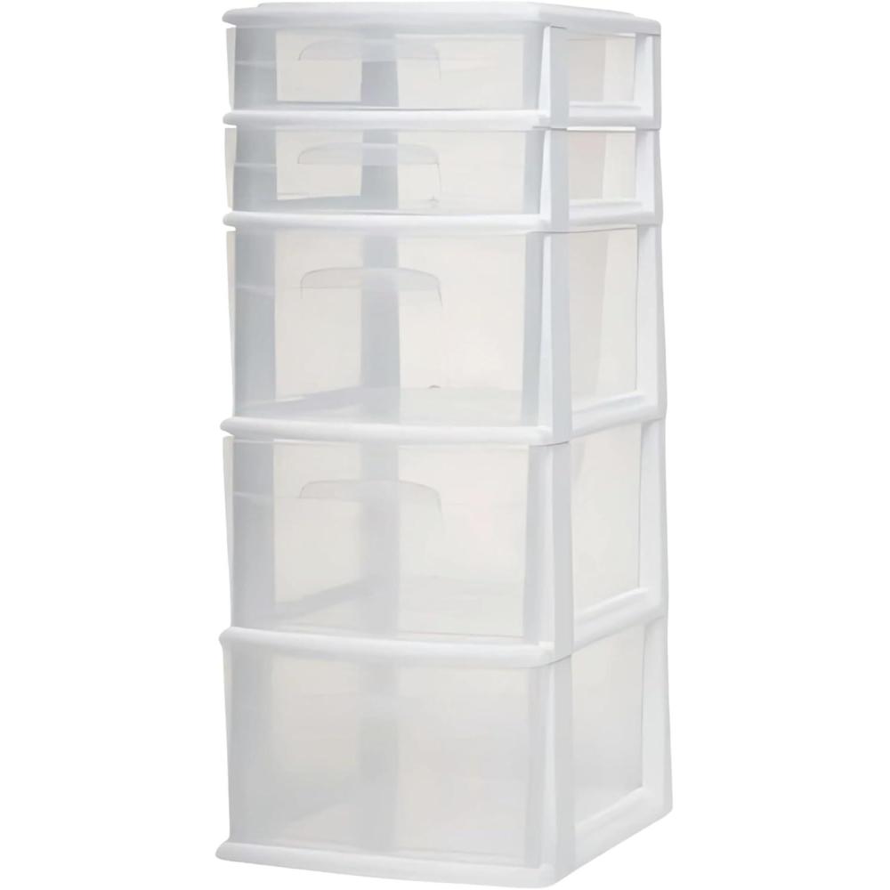 imageHOMZ 5Drawer Storage Cart Clear Plastic Drawers with Casters 1425quot Wide Medium White Frame  Organizing Drawer Containers for Home Bathroom Bedroom Office and ClassroomWhite frame with clear drawer
