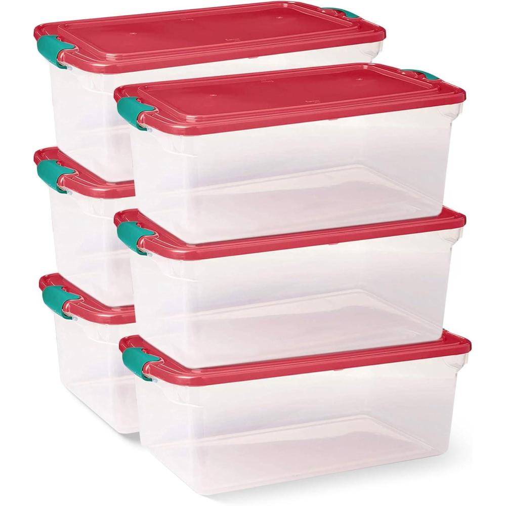 imageHOMZ 6Pack Holiday Tote Plastic Storage Organizer Bins with Lids 64 Quart ClearRed  Stackable Organizing Containers for Home Garage and Office64 Quart  1625 x 7 x 625