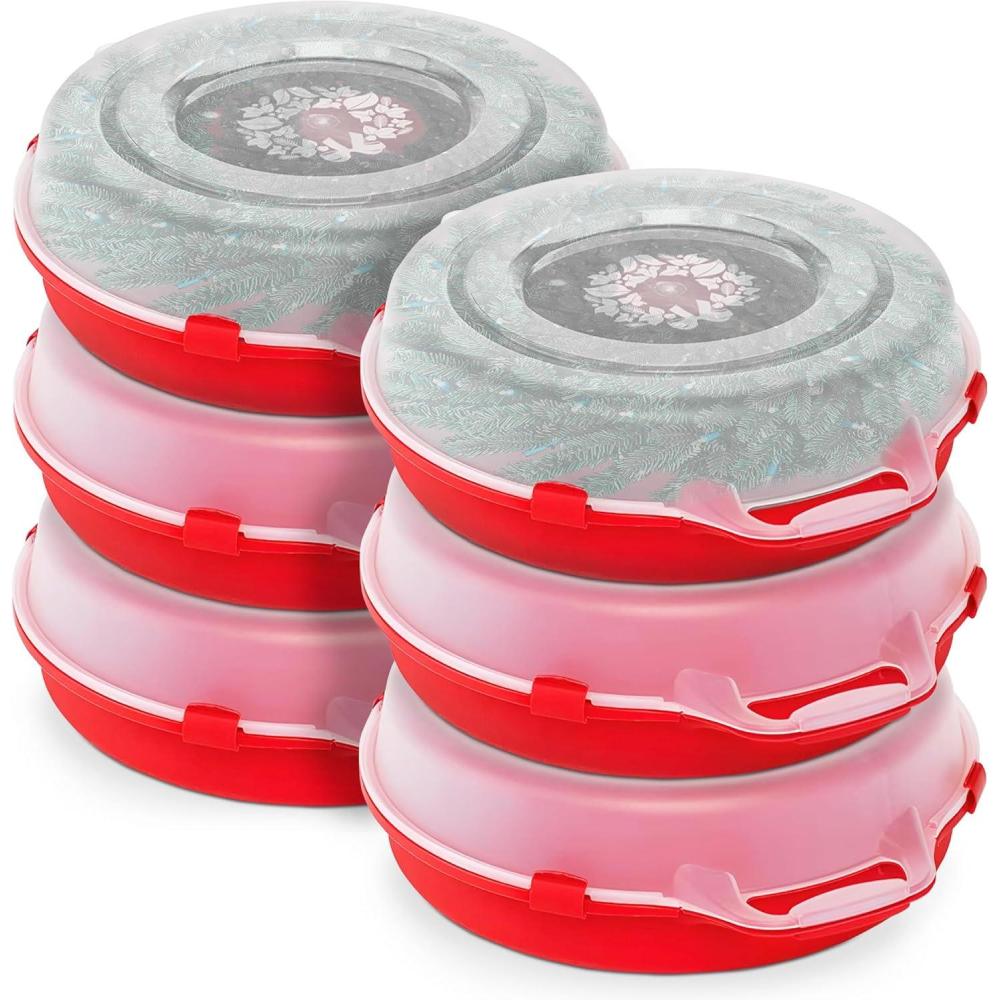 imageHOMZ 6Pack Seasonal Holiday Decorative Wreath Storage Organizer 24 Inch Red ampamp Clear  Stackable Plastic Containers for Christmas Ornament Decorations
