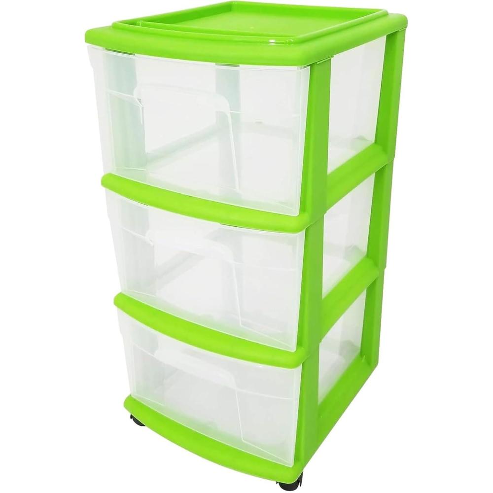 imageHOMZ Drawer Tower 3Tier Clear Plastic Storage Organizer Cart White Frame  HeavyDuty Organizing Drawers for Home Bedroom and Closet OrganizationBold Lime