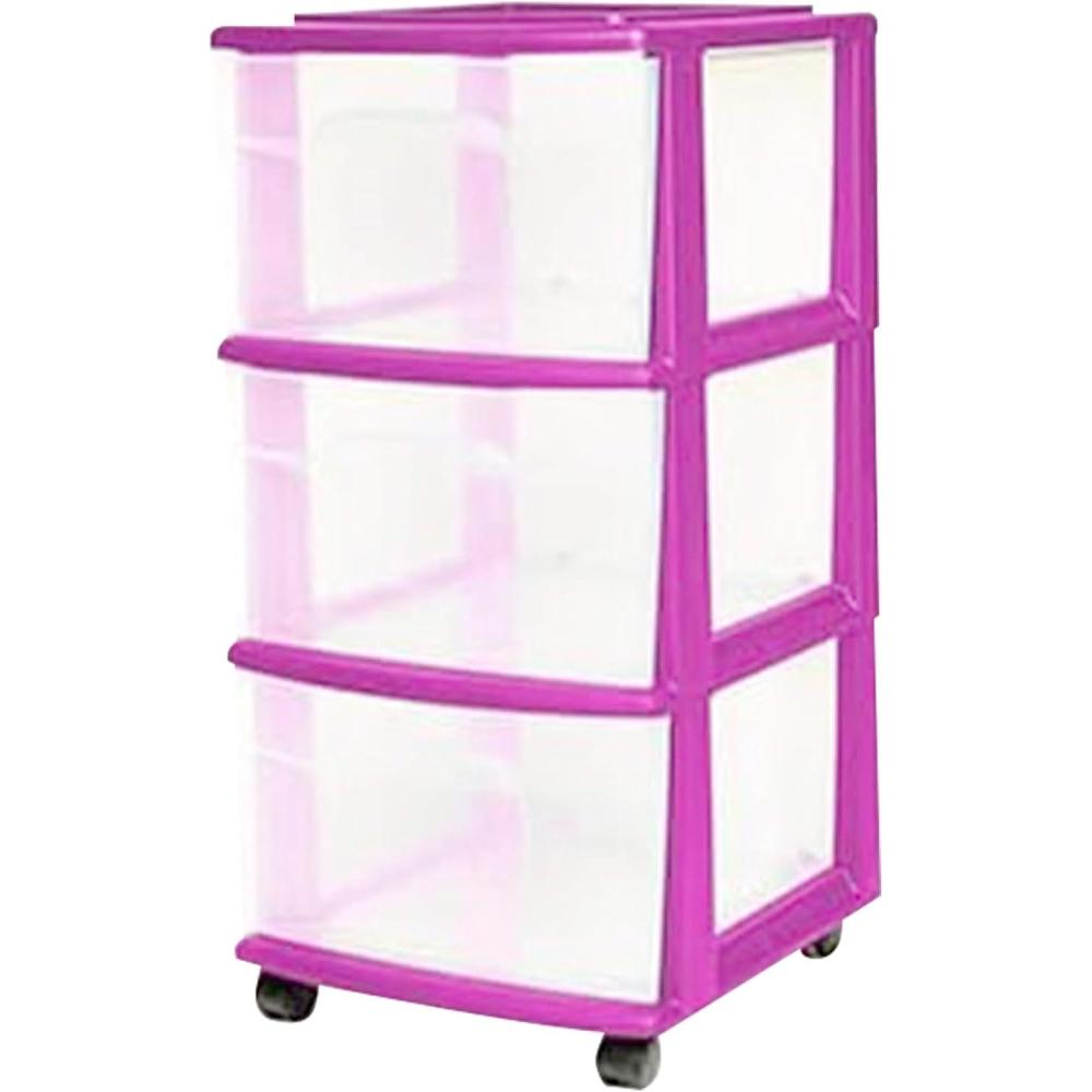 imageHOMZ Drawer Tower 3Tier Clear Plastic Storage Organizer Cart White Frame  HeavyDuty Organizing Drawers for Home Bedroom and Closet OrganizationPurple