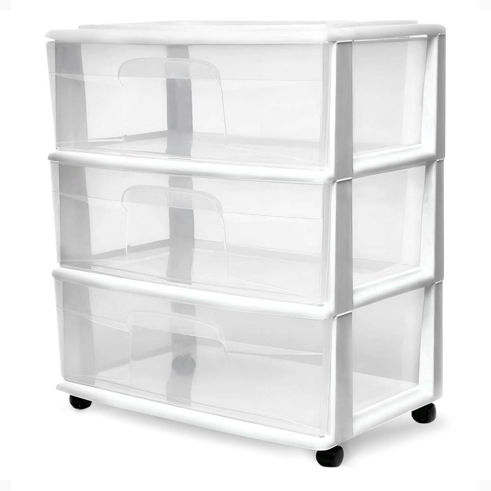imageHOMZ Drawer Tower 3Tier Wide Clear Plastic Storage Organizer Cart Black Frame  Organizing Containers with Wheels for Home Bathroom Bedroom Office and ClassroomWhite Frame