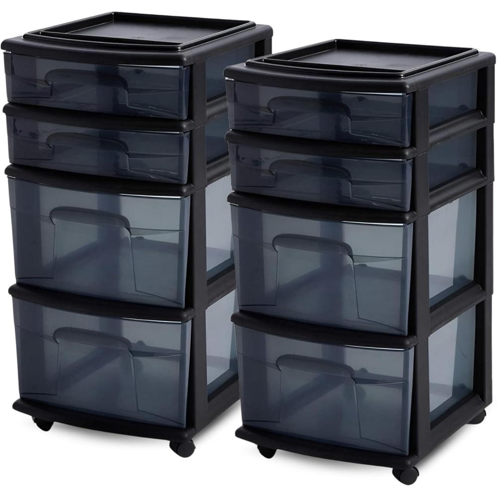 imageHOMZ Drawer Tower 4Tier Clear Plastic Storage Organizer Cart Black Frame  Rolling Drawer Containers with Wheels for Bathroom Bedroom Office and Classroom OrganizationBlack