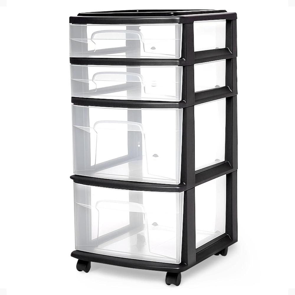 imageHOMZ Drawer Tower 4Tier Clear Plastic Storage Organizer Cart Black Frame  Rolling Drawer Containers with Wheels for Bathroom Bedroom Office and Classroom OrganizationClearBlack