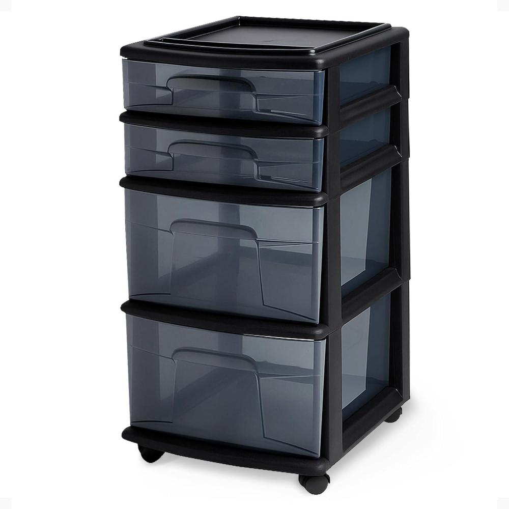 imageHOMZ Drawer Tower 4Tier Clear Plastic Storage Organizer Cart Black Frame  Rolling Drawer Containers with Wheels for Bathroom Bedroom Office and Classroom OrganizationAll Black