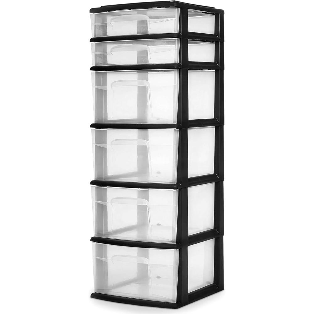 imageHOMZ Drawer Tower 6Tier Clear Plastic Storage Organizer Cart Black Frame  HeavyDuty Organizing Drawers for Home Bedroom and Closet OrganizationBlack
