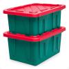 imageHOMZ 2Pack Durabilt Heavy Duty Plastic Storage Bins with Lids 27 Gallon GreenRed  Stackable Container Boxes for Holiday Attic and Garage OrganizationGreen BaseRed Lid