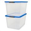 imageHOMZ 2Pack Secure Latch Clear Plastic Storage Organizer Bins 64 Quart Gray Lid  HeavyDuty Container Boxes with Lids for Home Office and GarageBlue Lid