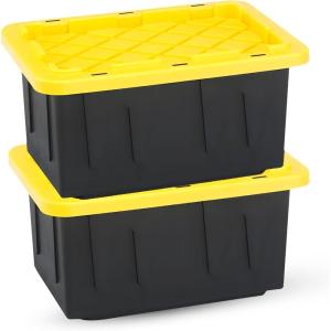 imageHOMZ 2Pack Durabilt Heavy Duty Plastic Storage Bins with Lids 27 Gallon GreenRed  Stackable Container Boxes for Holiday Attic and Garage OrganizationBlack BaseYellow Lid