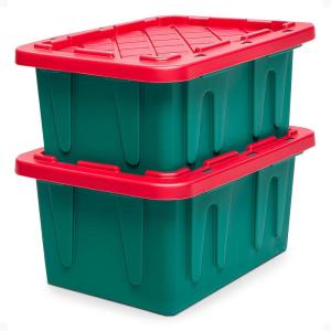imageHOMZ 2Pack Durabilt Heavy Duty Plastic Storage Bins with Lids 27 Gallon GreenRed  Stackable Container Boxes for Holiday Attic and Garage OrganizationGreen BaseRed Lid