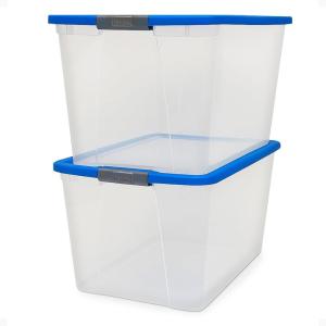 imageHOMZ 2Pack Secure Latch Clear Plastic Storage Organizer Bins 64 Quart Gray Lid  HeavyDuty Container Boxes with Lids for Home Office and GarageBlue Lid
