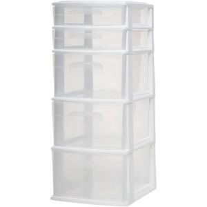 imageHOMZ 5Drawer Storage Cart Clear Plastic Drawers with Casters 1425quot Wide Medium White Frame  Organizing Drawer Containers for Home Bathroom Bedroom Office and ClassroomWhite frame with clear drawer